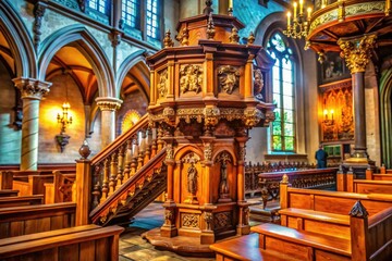 Obraz premium Elegant wooden pulpit in a historic church setting with intricate carvings and soft lighting ambiance