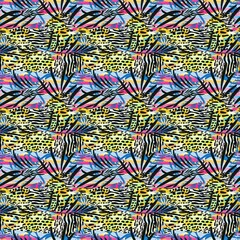 Fun girly camouflage pattern in vibrant stripes and spotted seamless design . Modern skin texture patched effect for festival and beach wear style in repeat .