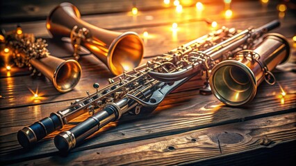 Obraz premium Elegant Woodwind Instruments on a Rustic Table Surrounded by Sheet Music and Musical Notes