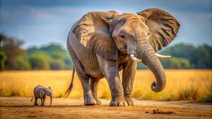 Fototapeta premium Elephant in a playful pose, showcasing its fear of a tiny mouse in a whimsical nature scene