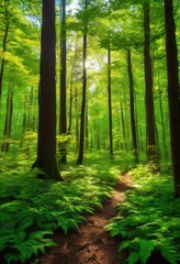 bright lush forest scene showcasing sunlit foliage playful shadows vibrant natural landscape, sunlight, shades, trees, leaves, greenery, nature, outdoors