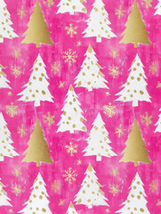 Watercolor Pattern of Christmas Trees and snowflakes in Bright Pink, Gold, and White &ndash; Childlike Cute Design on Pink Background
