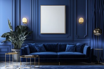 A large white blank painting or print mockup on a dark royal blue panelled wall, dark interior lounge room with a blue sofa, indoor plants and wall sconces.