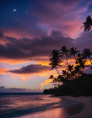 Obraz premium Sunset on the beach and palm trees, AI generated