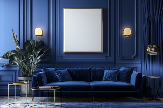 A large white blank painting or print mockup on a dark royal blue panelled wall, dark interior lounge room with a blue sofa, indoor plants and wall sconces.
