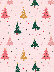 Obraz premium Simple Digital Pattern of Christmas Trees pattern in Soft Pastel Tones on Baby Pink Background – Cute and Minimalist Design, children's drawing style