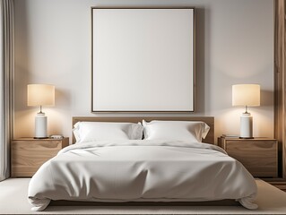 A large white blank painting or print mockup on a wall in a white bedroom. Beige tones.