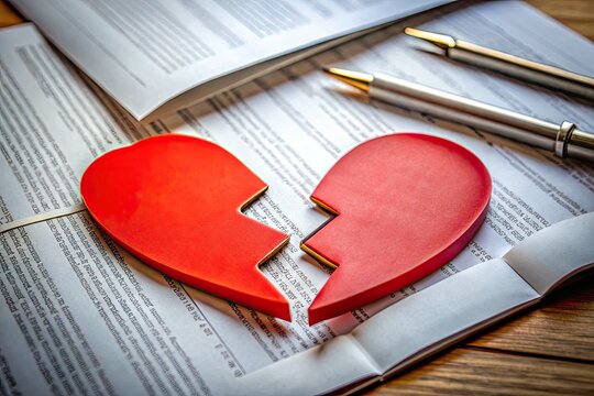 Emotional representation of divorce with broken hearts, legal documents, and symbolic imagery of loss