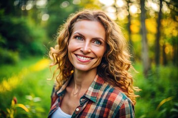 Empowered Woman Standing Confidently in Nature with a Bright Smile and a Graceful Posture