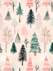 Obraz premium Watercolor Pattern of Christmas Trees in Soft Pastel Tones on Baby Pink Background – Cute and Perfectionist Design
