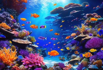 stunning underwater showcasing vibrant fish amidst colorful coral reef teeming marine life, anemone, aquarium, bioluminescence, blue, clownfish, depth