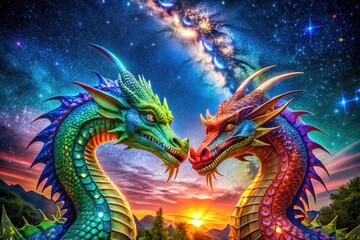 Fototapeta premium Enchanted Dragons Embracing Under a Starry Night Sky in a Magical Fantasy Landscape of Love