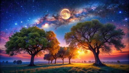 Enchanted Moon Trees Illuminated by Night Sky with Stars and Mystical Glow in a Serene Landscape