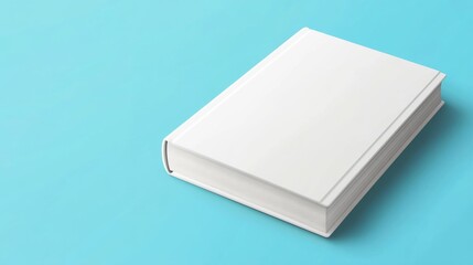 Fototapeta premium White Book Cover Template Flat Lay on Blue Background in Minimalistic Style, Featuring Simple Design Without Shadows or Text.
