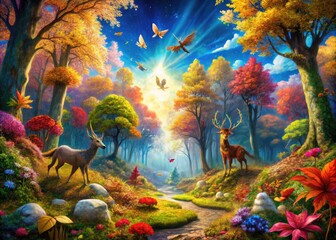 Enchanted Whimsical Forest with Colorful Foliage and Magical Creatures Under a Bright Blue Sky