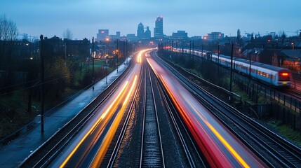 Fototapeta premium Train Tracks at Dusk with City Skyline in the Background