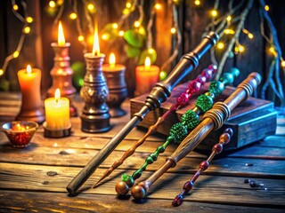 Enchanted Wizard Wands Displayed on Vintage Wooden Table with Mystical Background Elements