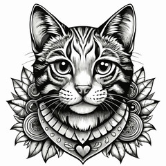 Obraz premium Detailed black and white cat illustration with decorative elements