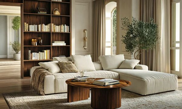 modern scandinavian living interior with wooden sofa, armchair, rattan, rattan and rattan plant in white and beige tones.