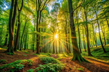 Enchanting Forest Landscape with Lush Greenery, Sunlight Filtering Through Leaves and Serenity