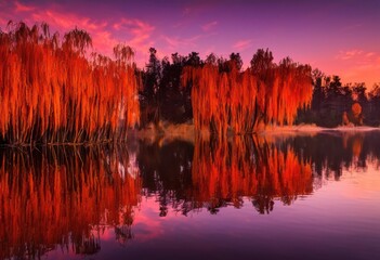 Obraz premium breathtaking sunset reflections calm water surfaces vibrant colors serene nature features, lake, evening, orange, purple, blue, scenery, horizon, clouds