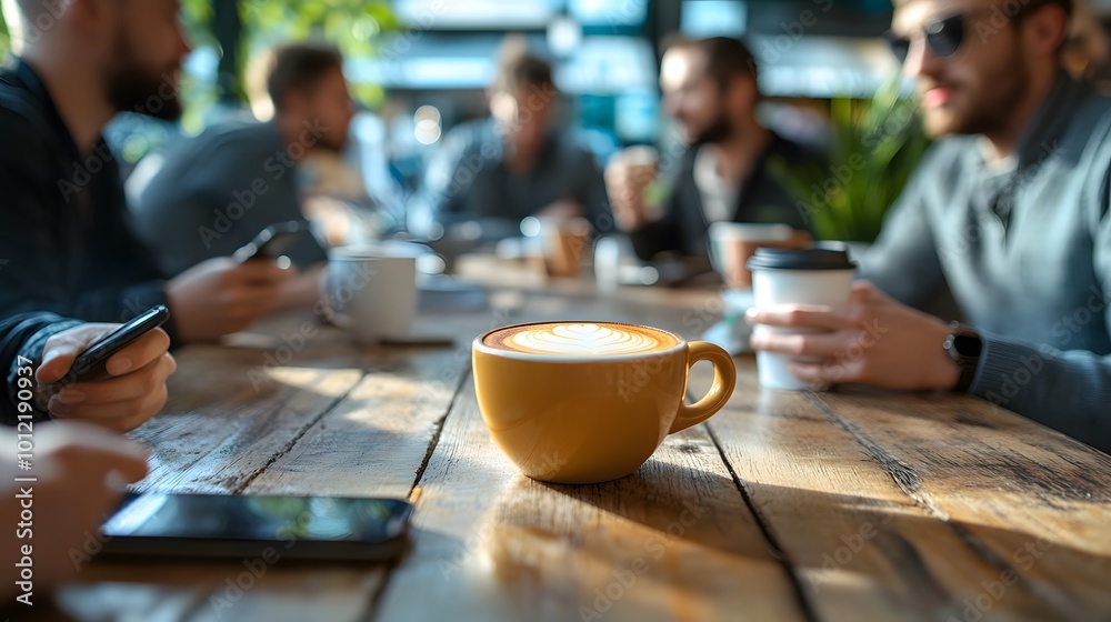 Wall mural A cup of latte on a wooden table with blurred people in the background