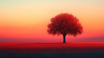 A lone tree stands tall in a field at sunset, with the sky ablaze with vibrant colors.