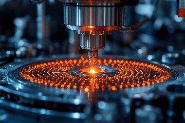 Close-up of a robotic arm with a welding torch working on a metal part with an orange glow.