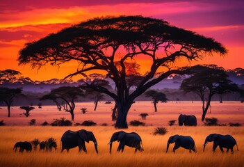 Fototapeta premium stunning savannah landscape dramatic colors vibrant sunset sky creating unforgettable visual experience, horizon, nature, beauty, scene, evening, clouds