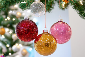 A group of Christmas ornaments hanging from a tree