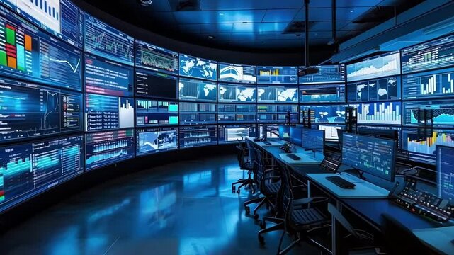 Empty noc displaying multiple monitors and computers with complex graphs and data for monitoring and analyzing information