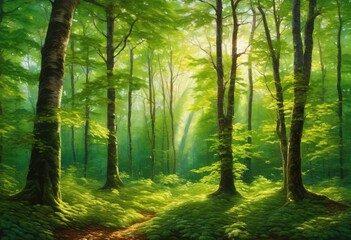 Fototapeta premium lush forest landscape showcasing dense canopies vibrant foliage vivid detail, biodiversity, branches, bush, colors, conservation, density, ecosystem