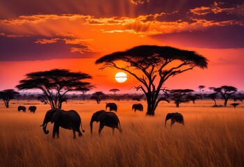 Obraz premium stunning majestic savanna landscape sunset featuring silhouettes wildlife vibrant colors, grass, tree, sky, cloud, environment, nature, light, dusk, flora