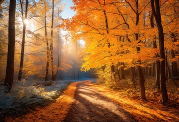 Fototapeta premium colorful autumn leaves transforming various landscapes from fall winter various shades textures, colors, trees, nature, foliage, vibrant, scenery, branch