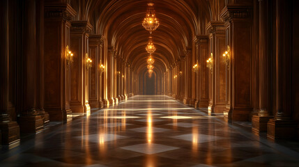 Obraz premium Golden Hallway with Arched Ceiling and Polished Floor - 3D Illustration