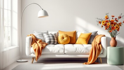 Cozy Living Room with White Sofa, Yellow Pillows and Flowers.