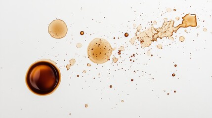 Close-up photos of coffee stains on a white surface. The images show round, isolated coffee stains, perfect for illustrating coffee spills or drink marks.