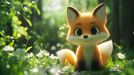 Cute Cartoon Fox Illustration in a Forest Setting