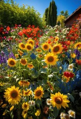 close vibrant garden beneath clear sky featuring blooming seasonal flora full colorful display, backyard, flower, petal, plant, leaf, nature, growth
