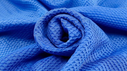 Neoprene fabric detail, textured, rolled up, vibrant blue color