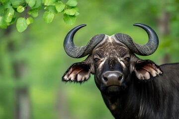 Naklejka premium A Cape buffalo with its head raised, staring intently into the distance, symbolizing the alertness and power of this formidable Big Five species