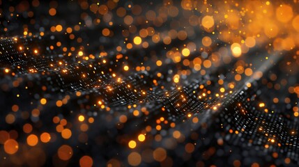 Mesmerizing black fabric waves with orange particles, creating a stunning glow in a digital design blending technology and artistry