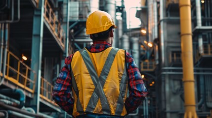Obraz premium a man in a safety vest and hard hat standing in front of a factory building with pipes