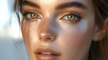 Fototapeta premium Close Up Portrait of Woman with Freckles and Eye Makeup - Realistic Digital Illustration