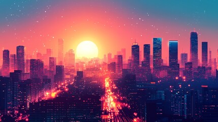 Obraz premium A city skyline with a large sun in the sky
