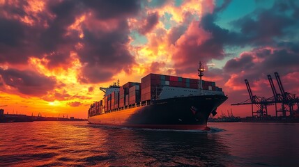 A large cargo ship is sailing through the ocean at sunset