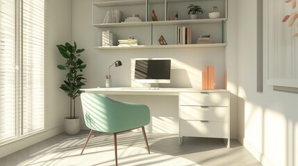 Modern Home Office with Natural Light, Minimalist Desk Setup, Green Accent Chair, and Shelving, Ideal for Remote Work, Creative Spaces, Home Decor, and Productive Work Environment