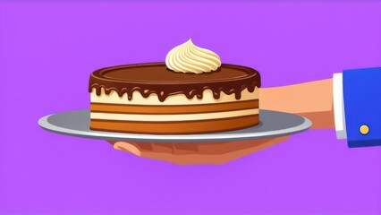 Cartoon hand holding metal tray with Cake isolated over Purple background