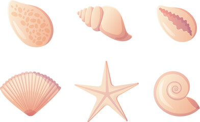 Seashells and starfish set. Cute beige cartoon clipart. Stock vector illustration isolated on a white background.