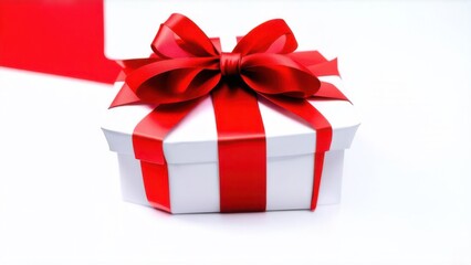 White gift box with red ribbon, blank white background for design